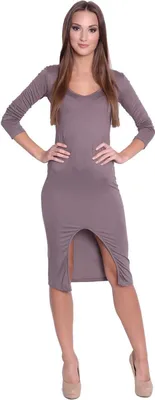 Produktbild von Damen Langarm Kleid Dress mit Schlitz vorne ; Cappuccino M/L 38/40