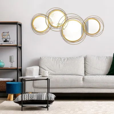 Produktbild von SUGIFT Wandspiegel-Set mit 4 runden Spiegeln, Metall Wanddekoration mit goldfarbenem Rahmen, Flurspiegel, Gold | 107 x 56 cm | 4-teilig | Fertig montiert
