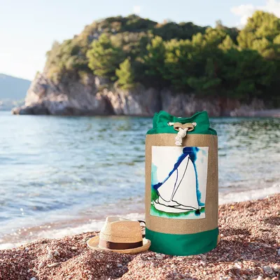 Produktbild von Anemoss Marine Collection Jute Tasche für Damen, Strand und Pool Jute Kordelzug Beuteltasche für Sommer, Umhängetasche, Grün, Türkiye Made