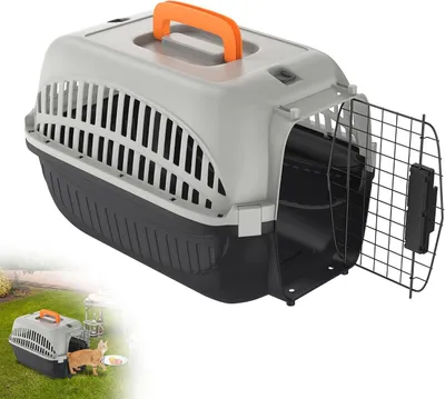 Produktbild von Transportbox für Hunde und Katzen, Kleintierbox aus Kunststoff, Kaninchen- und Katzentransportbox, 48 x 32 x 32 cm, Schwarz-Grau