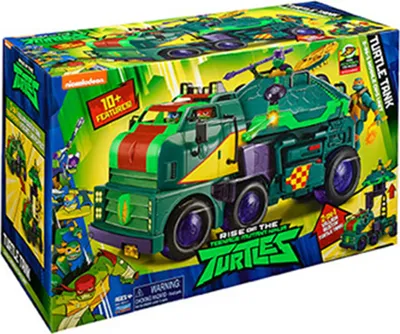 The image shows the retail packaging of a Teenage Mutant Ninja Turtles toy tank.