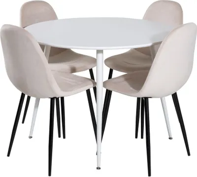 Produktbild von PlazaWHWH100 Essgruppe Esstisch weiß und 4 Polar Esszimmerstühle Velour beige.