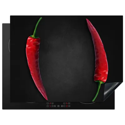 Produktbild von KitchenYeah© Herdabdeckplatte Roter Pfeffer - Gewürz - Chili - Schwarz , 77x59cm, Küche Deko, Glaskeramikkochfeld Herdabdeckung, Abdeckplatte fùr Kochfeld