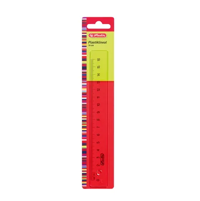 A red and yellow plastic ruler with colorful stripes on a white background.