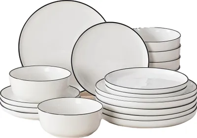 Obrázek produktu pro Porcelánová sada nádobí, odolná keramika, vhodná do mikrovlnné trouby a myčky nádobí, černý okraj, 36 kusů
