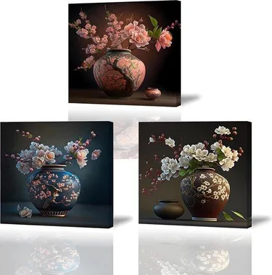 Productafbeelding van Famanu Canvasprint Set, 3 stuks - Perenbloesem in vaas, moderne wanddecoratie