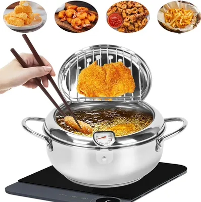 Kompaktfriteusen, 4,2L Fritteuse, Frittiertopf, Tempura Fritteuse Topf Mit Thermometer und Deckel Frittiertopf aus Edelstahl mit Thermometer (28cm)