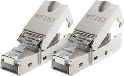 Produktbild von deleyCON 2x CAT 6a Werkzeugloser RJ45 Netzwerkstecker mit LSA Anschluss für Starre Verlegekabel Geschirmt 10 Gbit/s LAN Kabel Netzwerkkabel Stecker CAT6a Metallgehäuse