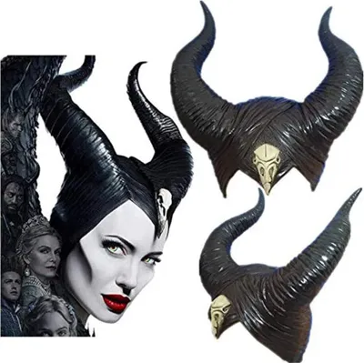 A collage of Maleficent-themed costume accessories, featuring a detailed depiction of the character's iconic horns and a partial view of her face.