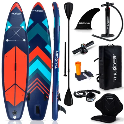 Produktbild von THUNDER® | STRIPES 320 | Aufblasbares SUP-Board | 320×75×15 cm | Set mit Kajaksitz, Rucksack, Doppelhubpumpe, Paddel | 15 PSI | D-Ringe & Gepäcknetz