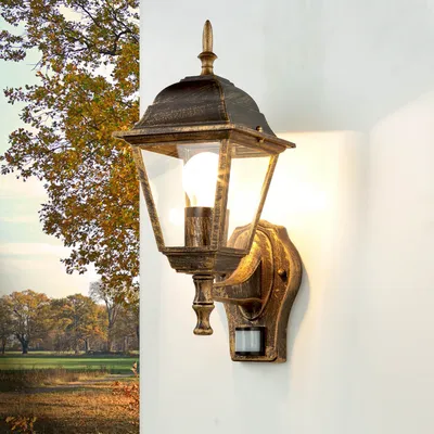 An outdoor wall lamp with a motion sensor is mounted on a white wall, with a natural landscape visible in the background.