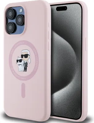 A pink iPhone 15 Pro Max case with a Karl Lagerfeld and Choupette design is shown next to the phone it is designed for.