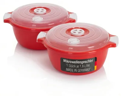 2er-Set Mikrowellenschüsseln 1,8 l, mit Deckel, stapelbar, rot