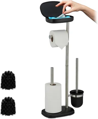 Image de Porte-rouleau de toilette avec étagère - Support mural pour rouleau de papier toilette et brosse WC - 69x31x16 cm - Noir