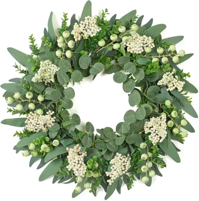 Imagen del producto de Corona de eucalipto de plástico con bayas, 50 cm, decoración para la puerta, ideal para primavera y verano