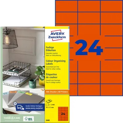 Produktbild von Avery Zweckform 3448, Farbige Etiketten, A4, 70 x 37 mm, 2.400 Etiketten / 100 Bögen, rot