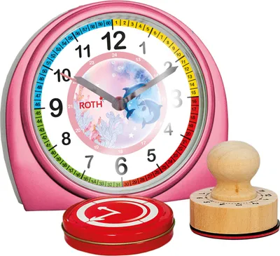 Produktbild von ROTH Lernuhr mit Stempelset - Delfine - Geschenkset aus Kinderwecker und Stempel mit Farbkissen