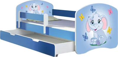 Produktbild von ACMA Jugendbett Kinderbett Junior-Bett Komplett-Set mit Matratze Lattenrost und Rausfallschutz Blau 26 Elefant 180x80 + Bettkasten