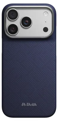 Produktbild von Aramid Handyhülle für iPhone 18 Pro / 17 Pro, PITAKA Edge Ultra-Slim Case PitaTap mit MagSafe, Blau mit Monogramm