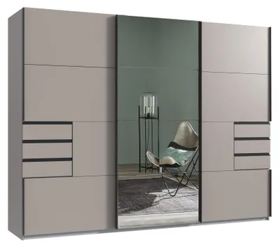Produktbild von Schwebetürenschrank Kleiderschrank 3-türig 270 cm Sandgrau, Spiegel u. Schubkästen / 22615