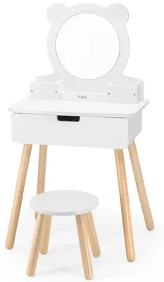 Image de VIGA Grande coiffeuse en bois blanc avec miroir et tabouret