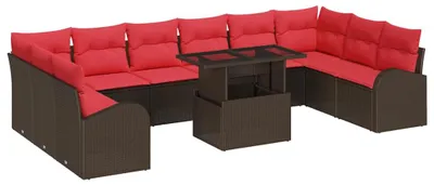 Image de Ensemble de canapés de jardin vidaXL, 11 pièces, 10 places, couleur marron, en résine tressée