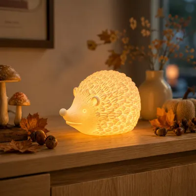Produktbild von LED Porzellan Igel Groß Warmweiß 6H Timer Herbstdeko Edle Wohnraumdekoration Gemütliche Herbststimmung