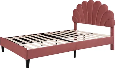 Zdjęcie produktu dla Łóżko tapicerowane Fortuna Lai, podwójne 140 x 200 cm, rama łóżka z zagłówkiem w kształcie kwiatu i stelażem z listew, łóżko dla dorosłych i młodzieży z przyjaznego dla skóry aksamitu, łóżko dla gości (kolor: czerwony fasolowy)