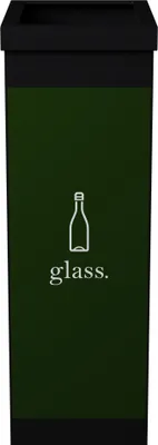 A black and green recycling bin for glass.