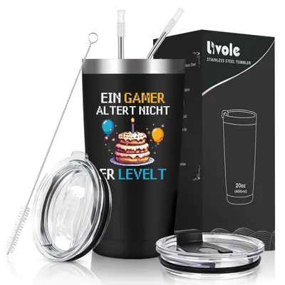 Productafbeelding van Thermobeker 600 ml, zwart, dubbelwandig, met de tekst: "Een gamer wordt niet ouder, hij stijgt in level."