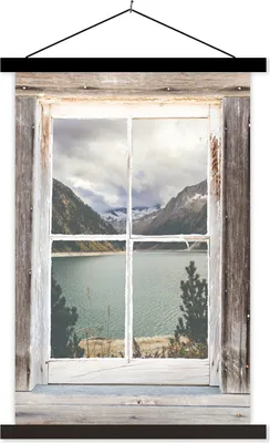 Produktbild von MuchoWow® Textilposter Durchschaubar - Holz - Berge 40x60 cm mit schwarzem Rahmen - Wanddekorationen