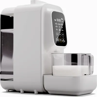 A white kitchen appliance with a digital display and a glass container filled with milk.