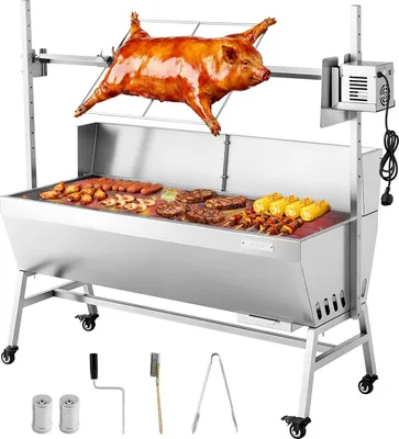 Produktbild von VEVOR Drehspießgrill 38 W Spanferkelgrill Lammgrill Holzkohlegrill (1218 mm Grilllänge) mit 60 kg Tragkraft & Rädern & 4-facher Höhenverstellung & Schutzblech, Elektrogrill-Set für Camping