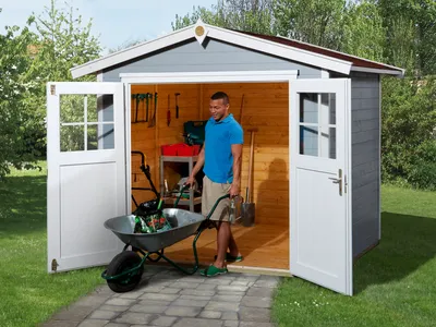 Produktbild von WEKA 224.2421.15400 Gartenhaus/Blockbohlenhaus Linnea mit Doppeltür ; Größe: 2 ; Farbgebung: Grau ; Wandstärke: 21 mm ; Maße (LxBxH): 235 cm x 209 cm x 227 cm ; Seitenwandhöhe: 197 cm