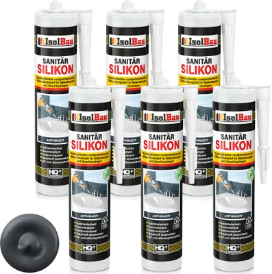 Produktbild von Isolbau Sanitär Silikon 6 x 300 ml Anthrazit - Hochelastischer Silikon-Dichtstoff für Abdichtungen & Fugen – Schimmelresistent, wasserdicht -  Kartusche