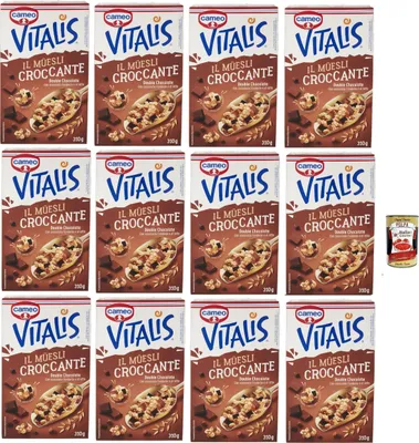 Produktbild von Cameo Vitalis Muesli Croccante Double Chocolate, Müsli knusprige Doppelschokolade mit ganzen Haferflocken aus dunkler Schokolade und Milch, 12x 310 g + Italian Gourmet polpa 400g