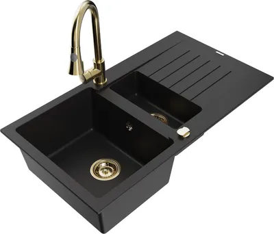 Produktbild von Mexen Matias 1,5-Becken-Granitspüle mit Abtropffläche und Mischbatterie Elia, Schwarz - 6502-77-670101-50