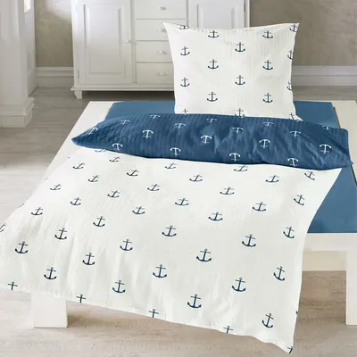 Produktbild von Traumschlaf Seersucker Bettwäsche Anker marine 240x220 cm + 2x 80x80 cm