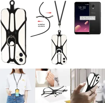 Produktbild von K-S-Trade 3in1 Handykette Handyband Handykordel Halsband Smartphone-Ring Handy-Ring kompatibel mit Meizu M6S Fingerhalterung Handyring Tischständer
