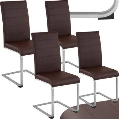 A set of four brown upholstered dining chairs with silver metal frames are arranged on a white background.