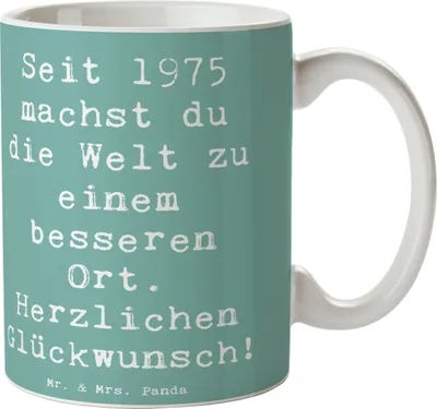 Produktbild von Mr. & Mrs. Panda Kaffeebecher Spruch 1975 Geburtstag - Meeresbrise - Geschenk, Tasse, mit Motiv, Geburtstagsgeschenk, Jahrgang, Happy Birthday, Teetasse, Erinnerungen