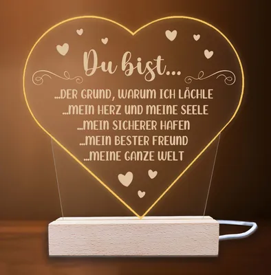 Produktbild von INDIGOS UG - LED Nachttischlampe - Herz - Spruch 14 - Valentinstag - Herz mit Spruch - Nachtlicht - 3D-LED-Lampe - Weihnachten, Geburtstag - Geschenk für Freund, Freundin, Familie - Liebe
