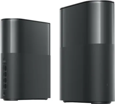 Two black mesh Wi-Fi routers are shown side-by-side against a white background.