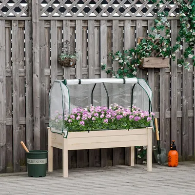 Produktbild von Hochbeet mit Folienabdeckung aufrollbar, Pflanzkasten Frühbeet Tannenholz Vliesauskleidung, Naturholz | 121x55x117 cm | 121 L | rückenschonend