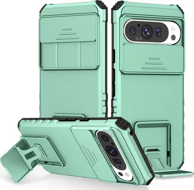 Produktbild von Dual Layer Hülle für Google Pixel 9 / Pixel 9 Pro Stossfest Robust Ständer Schutzhülle mit Schiebe Kamera Schutz Türkis
