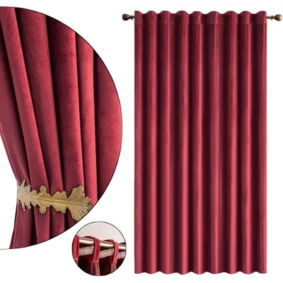 Produktbild von 2er Set Samt Gardinen Vorhänge Weinrot Wohnzimmer Schlafzimmer Vorhang Blickdicht Kräuselband Verdunklungsvorhänge Blackout Curtain, 132*305cm