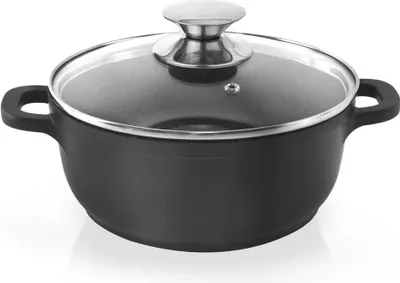 A black cooking pot with a glass lid and silver handles and lid knob, presented on a white background.