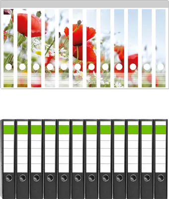 Produktbild von Wallario 12 Stück schmale Ordner inkl. Klebeetiketten mit Motive Mohnblumen unter blauem Himmel -  Set mit Rückenschildern / Ordnerrücken Stickern