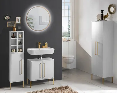Produktbild von Badezimmer Komplett Set incl. LED Beleuchtung in kreideweiß SARAY-80 mit Spiegel goldfarben rund, B/H/T: ca. 102,5/200/30 cm