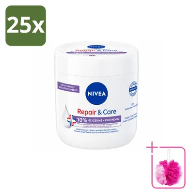 Imagen del producto de 25 unidades de crema corporal NIVEA Repair & Care para piel sensible, con 10% de glicerina y pantenol, 400 ml, pack ahorro